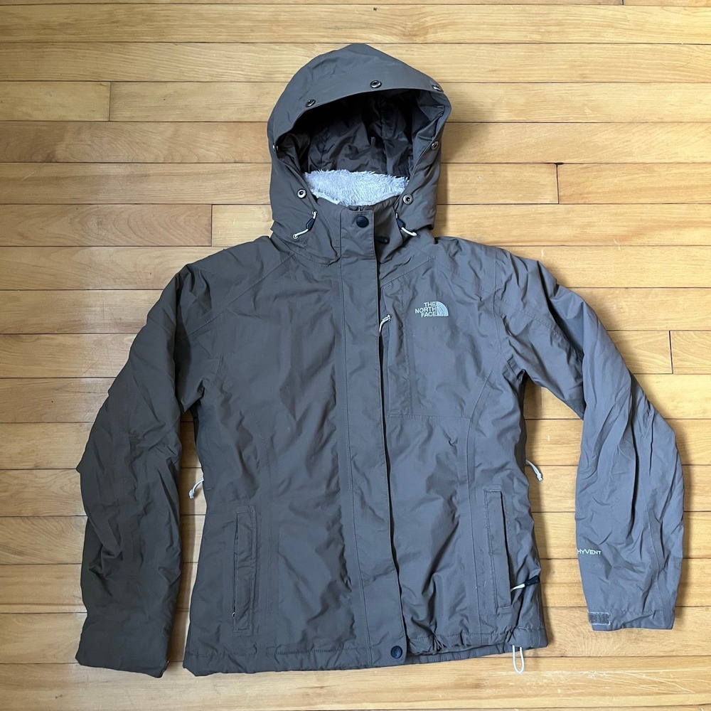 The North Face HyVent Hooded Jacket Womens Small Brown Fleece Lined Waterproof